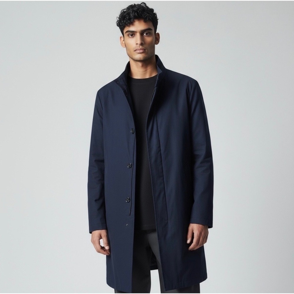 Hugo Boss Coat Mens 42L Navy Overcoat Car Coat Stowaway Hood Water Repellent